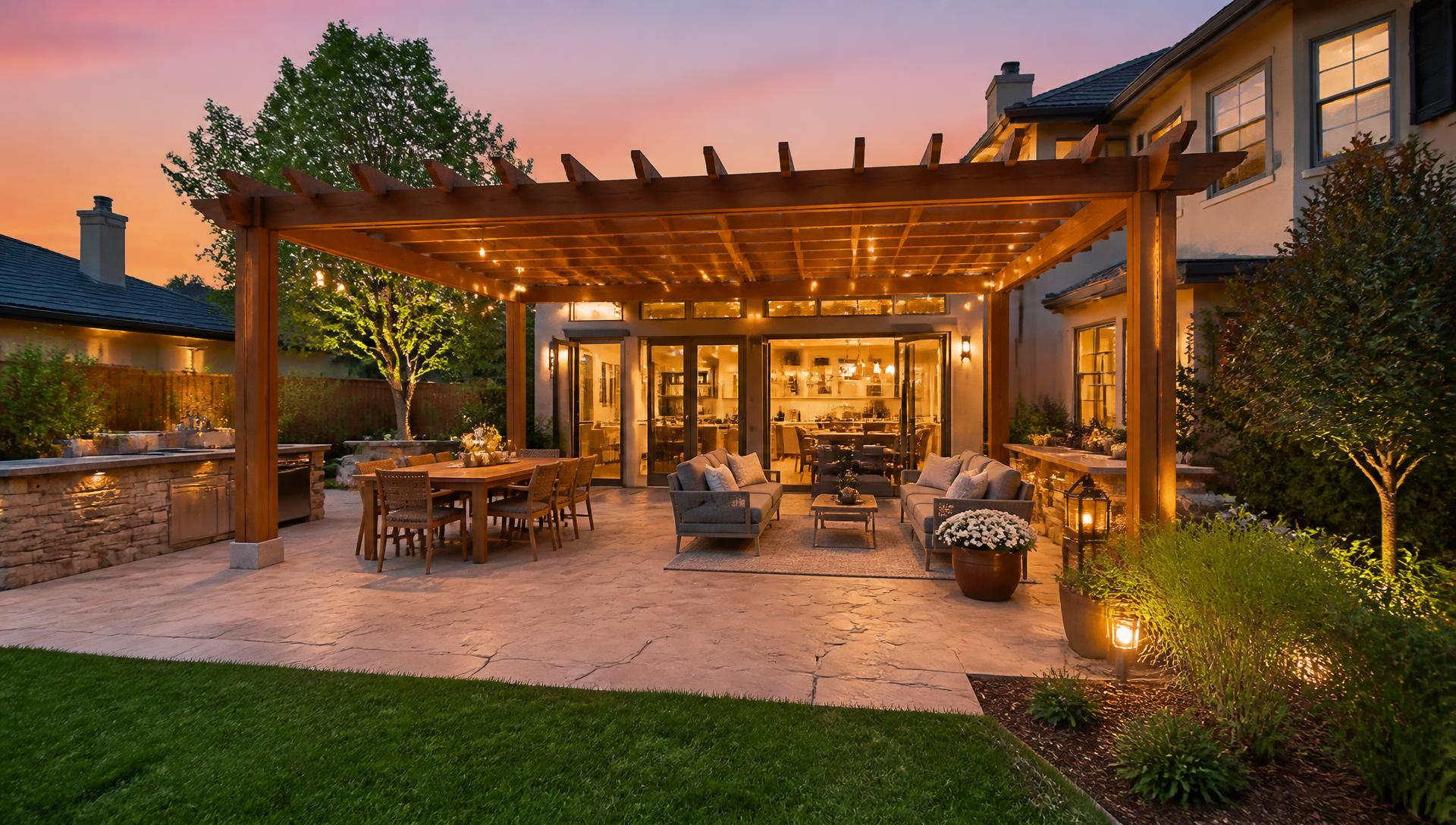 Custom outdoor patio and pergola with string lights